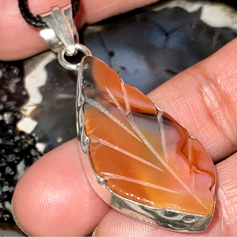 Carved Lightweight Small Carnelian Agate Leaf Pendant 2 1/4”